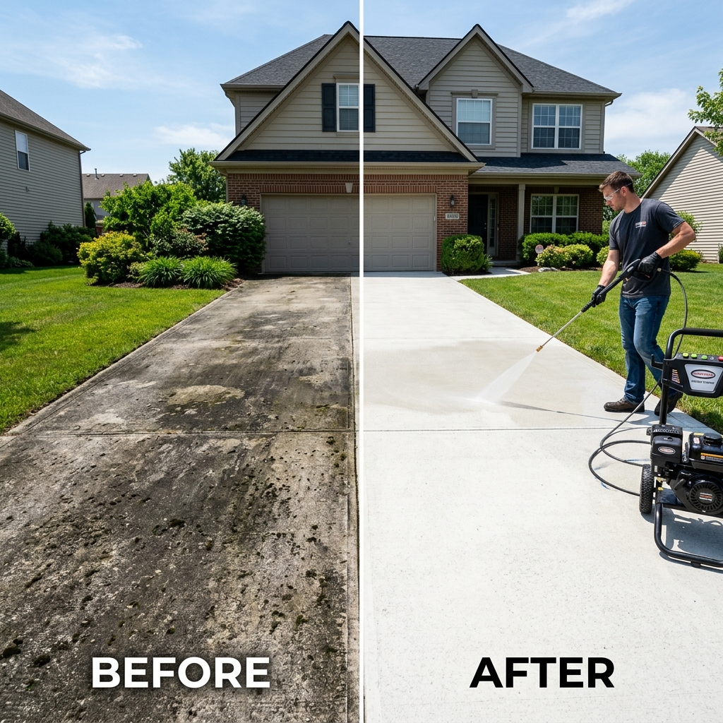 Before and after power washing a driveway
