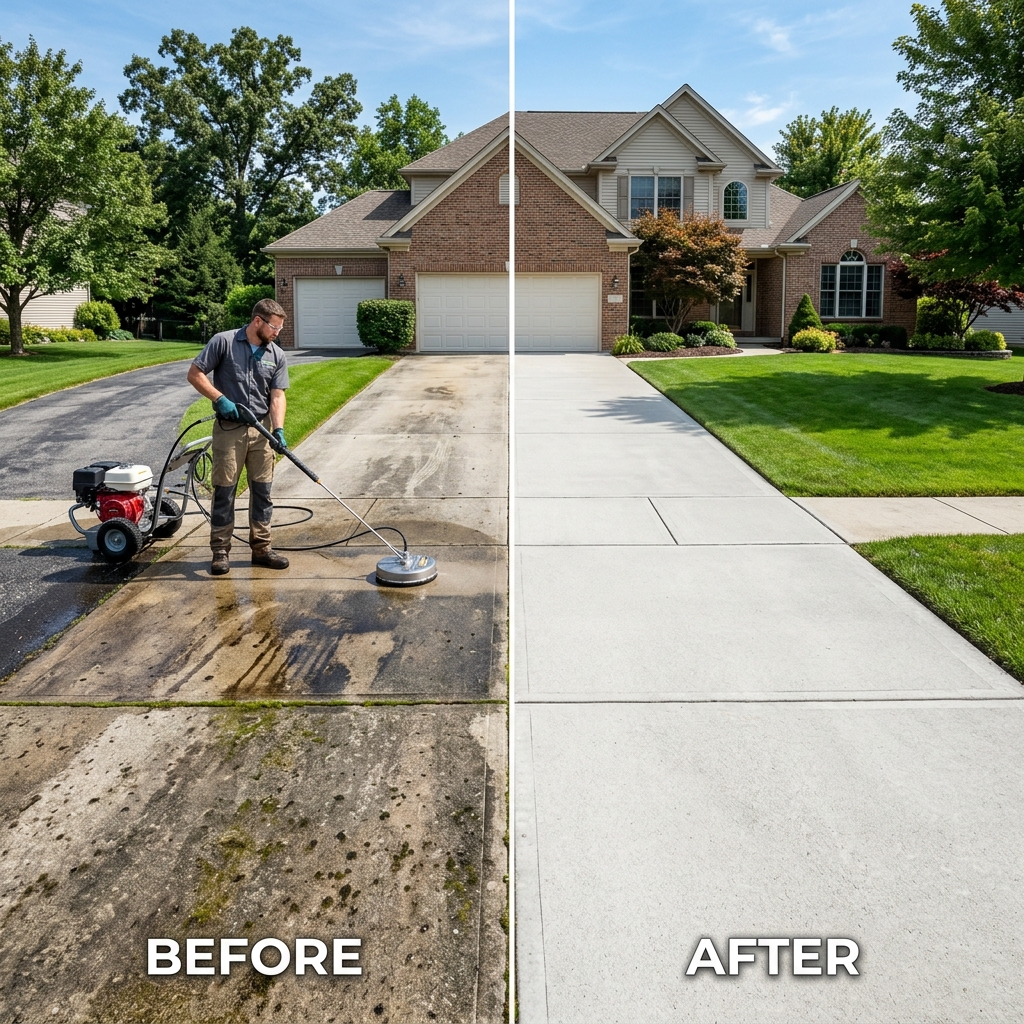 Before and after driveway power washing