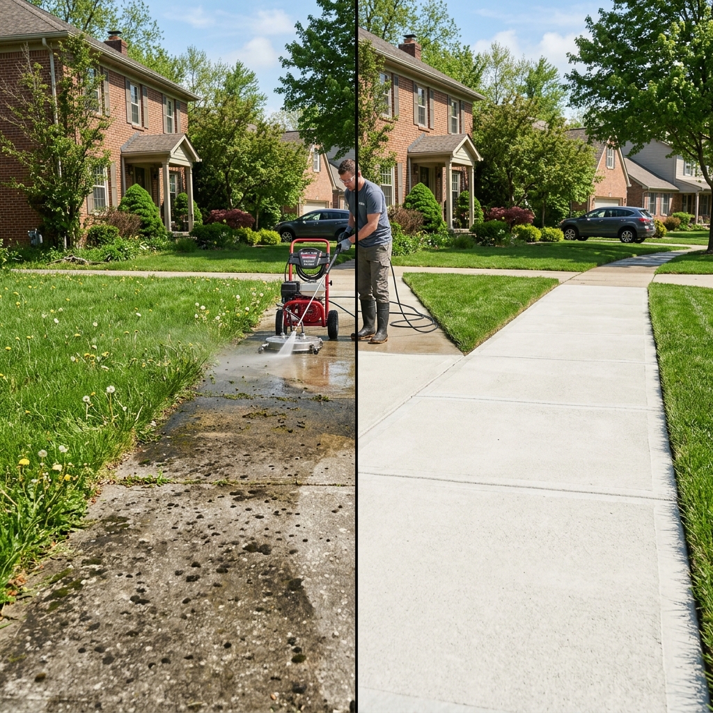 Before and after sidewalk power washing